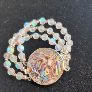Abalone & Iridescent Mermaid  Quartz Beaded Bracelet. 3 Strand. Silverplate, New